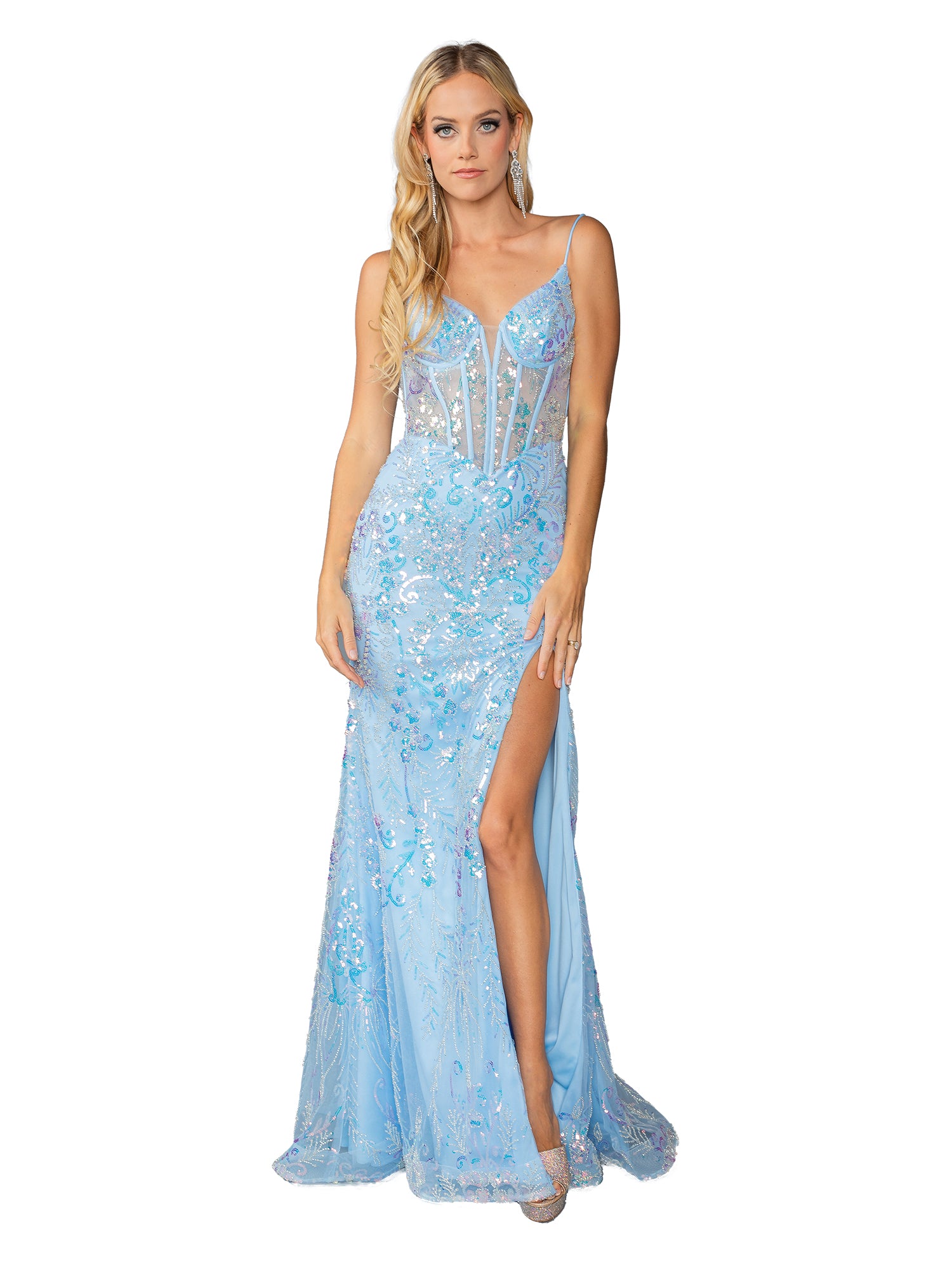A woman stands against a white background in the Dancing Queen 4422, a long blue sequin prom dress featuring a corset-style bodice and thigh-high slit.